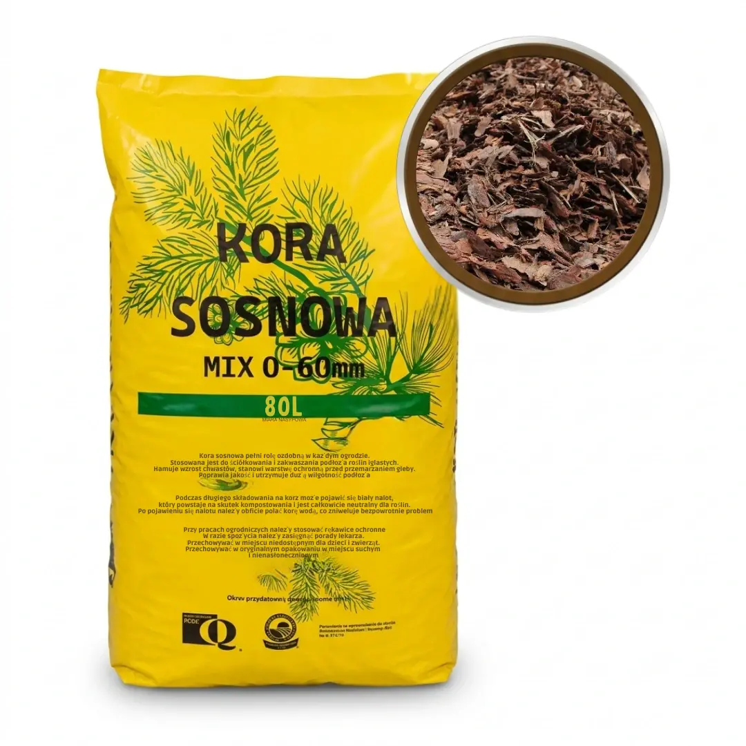 Kora sosnowa drobna / MIX 0–60 mm – praktyczna kora ogrodowa do ściółkowania